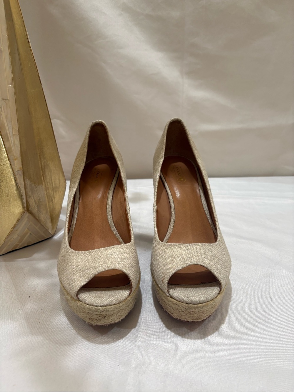 Coach Beige Linen Peep-Toe Espadrille Wedges